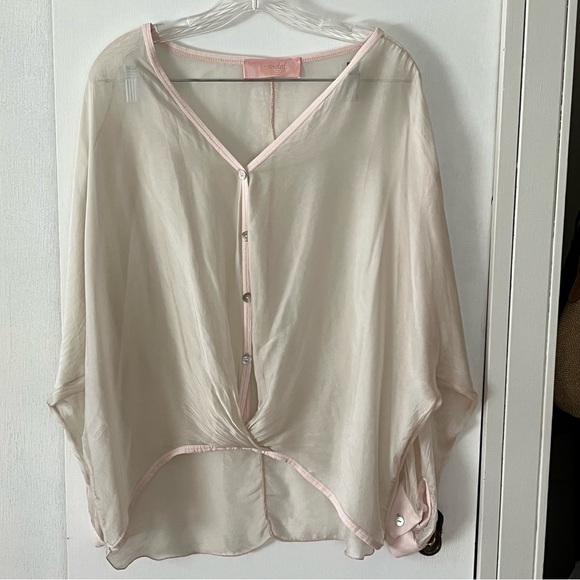 Scandal Silk Blend Pink and Cream V Neck Oversized Blouse Tunic Sheer Flowy Lg - Picture 10 of 14